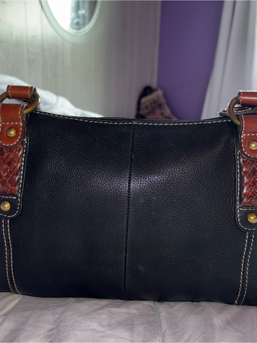 Vintage Fossil Black Leather Shoulder Bag With Brass Hardware